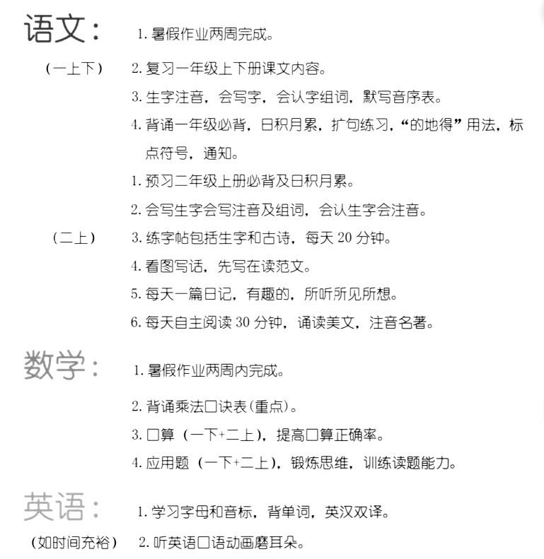 一升二暑假學習計劃表,二年級小學生暑假計劃安排